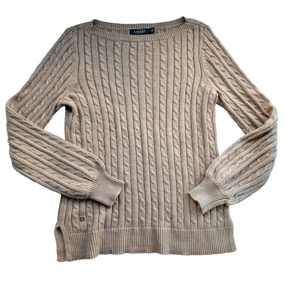 Lauren Ralph Lauren Cable Puff-Sleeve Sweater 100% Cotton Tan Size M Boatneck